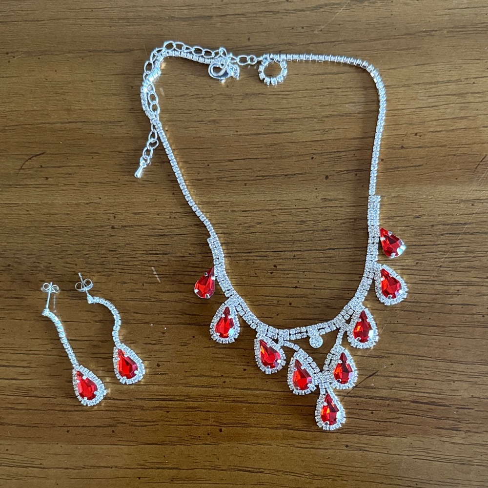 Elegant Red and Silver Necklace and Earring Set